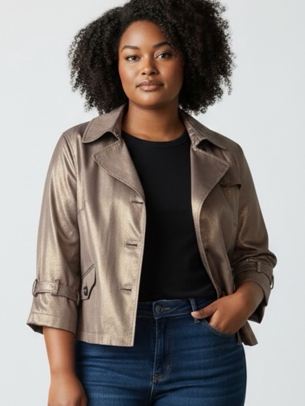 Alfani Woman Double Breasted Military Styled Gold Foil Jacket - Size 2X